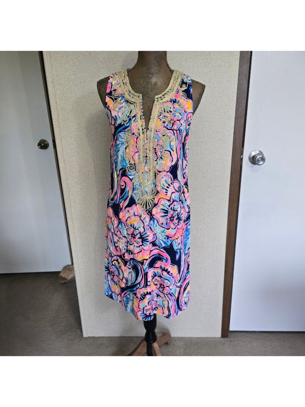 Lilly Pulitzer Carlotta Stretch Shift Dress Size 4 Floral Gold Embellished